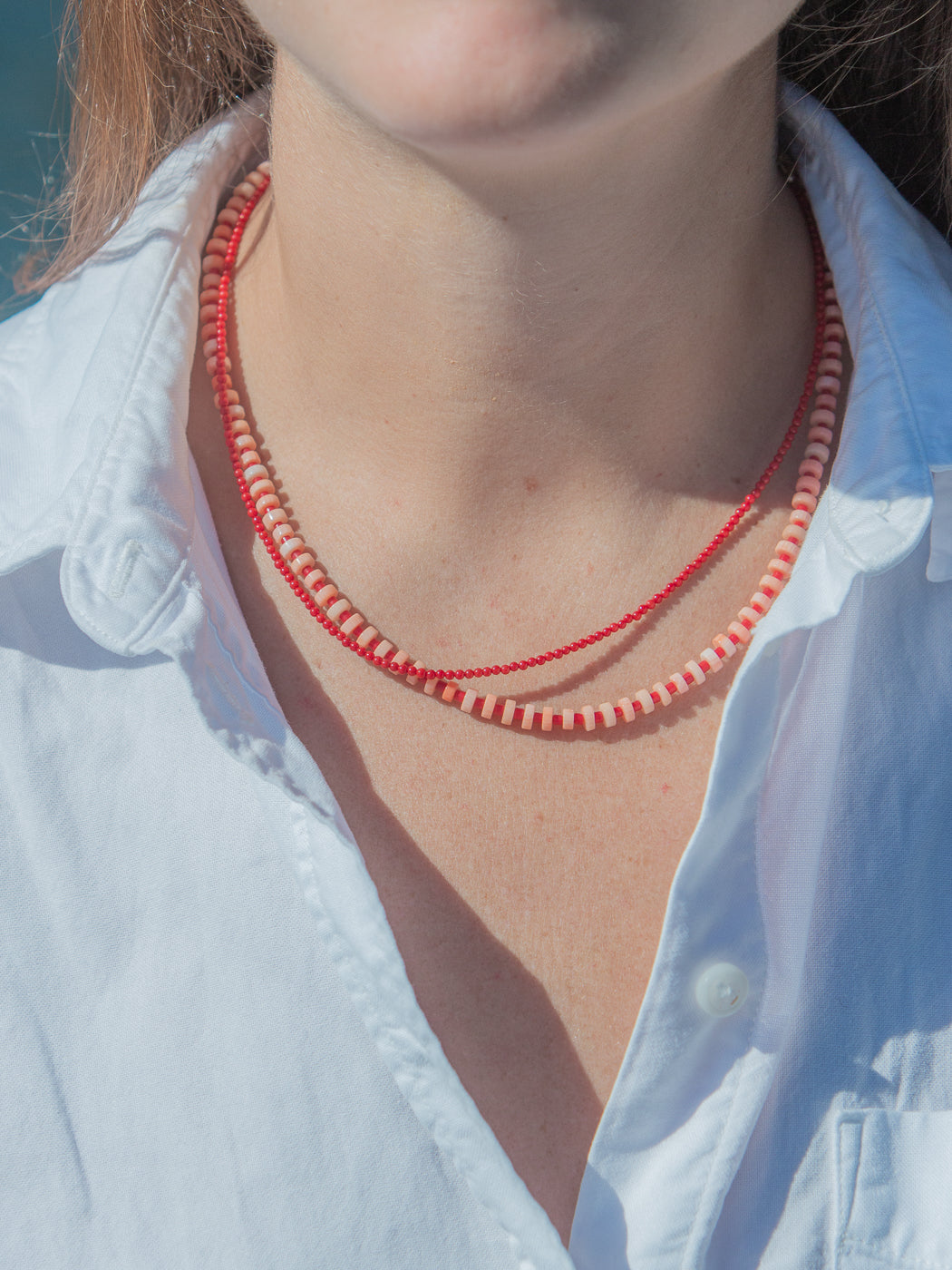 Caroline Necklace in Red, worn