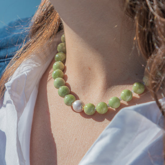 Esme Necklace in Green, worn