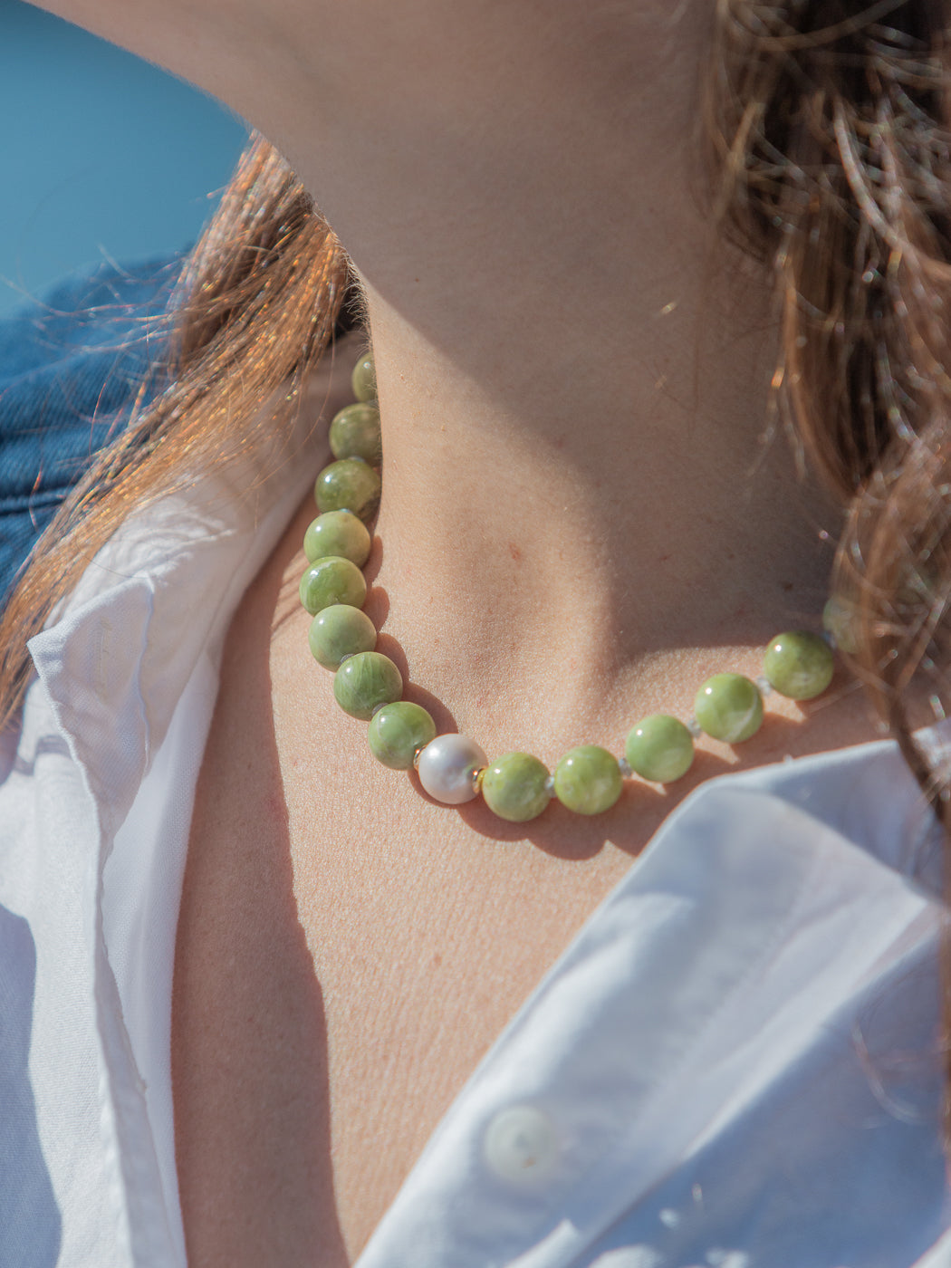 Esme Necklace in Green, worn