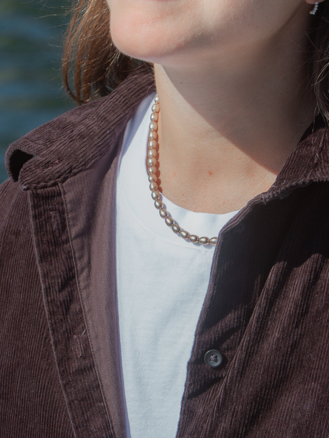 Livvy necklace in Taupe, worn