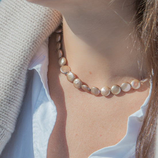 Lottie Necklace in Taupe, worn