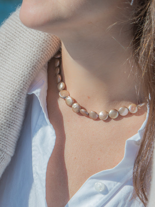 Lottie Necklace in Taupe, worn