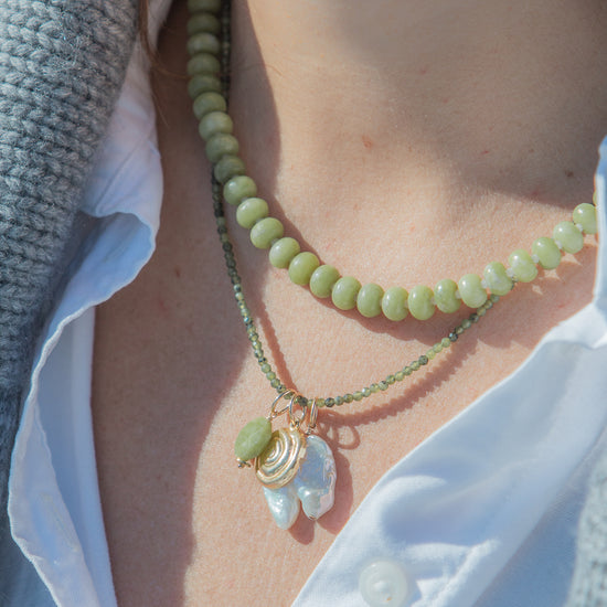 Rue Necklace in Dark Green, worn