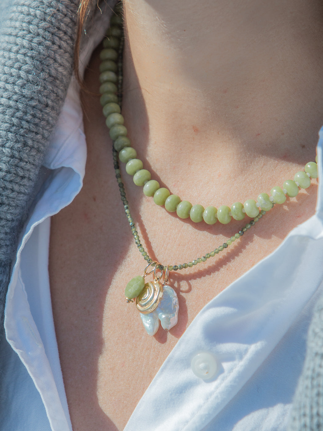 Rue Necklace in Dark Green, worn