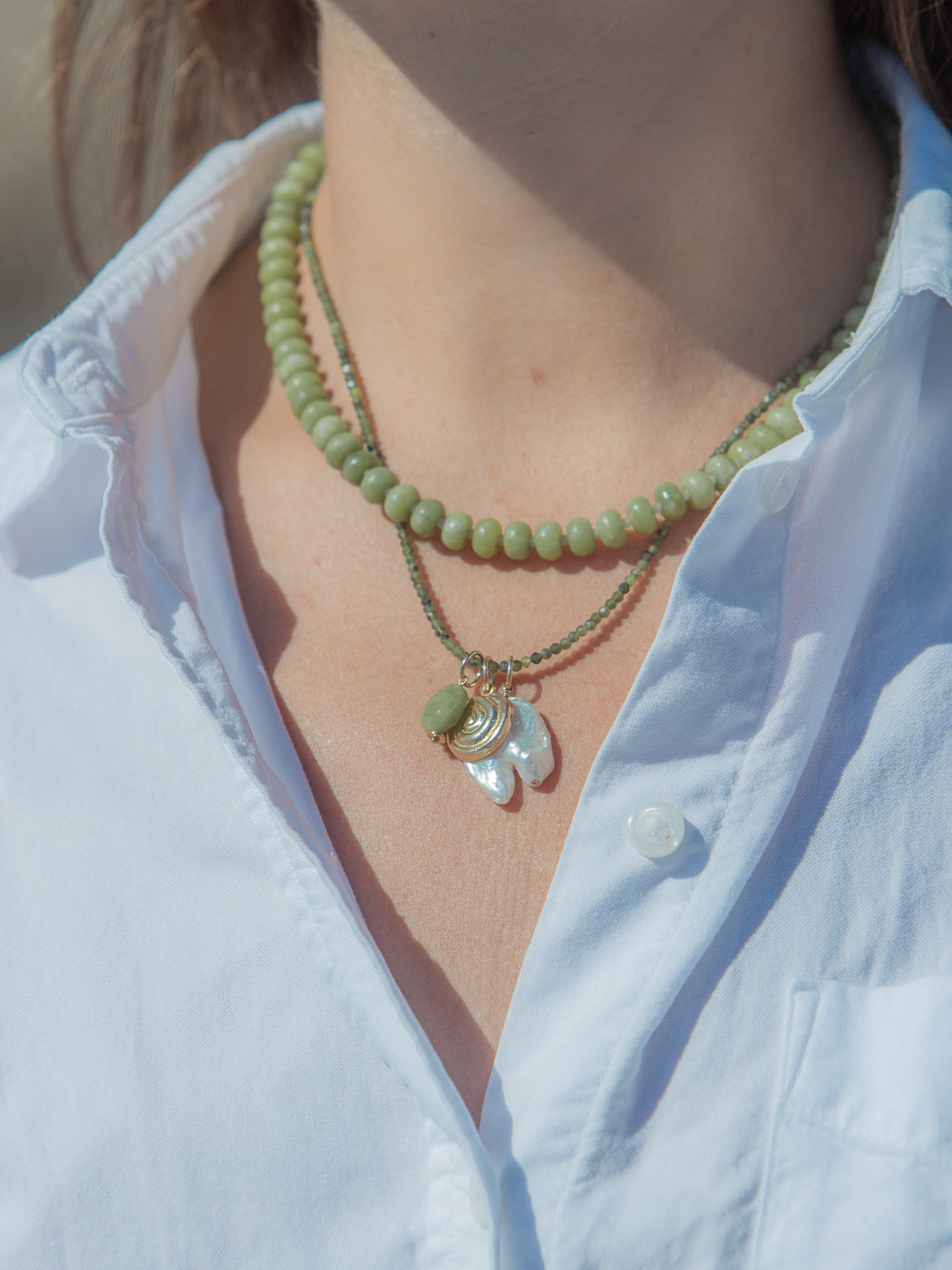 Shay Necklace in Green, worn