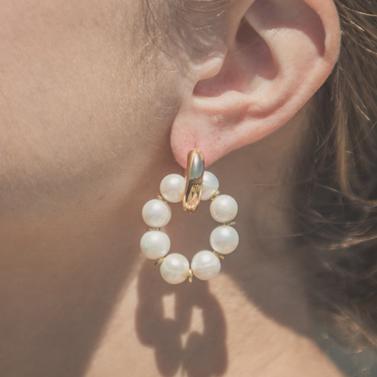 chunky gold hoop and pearl earrings