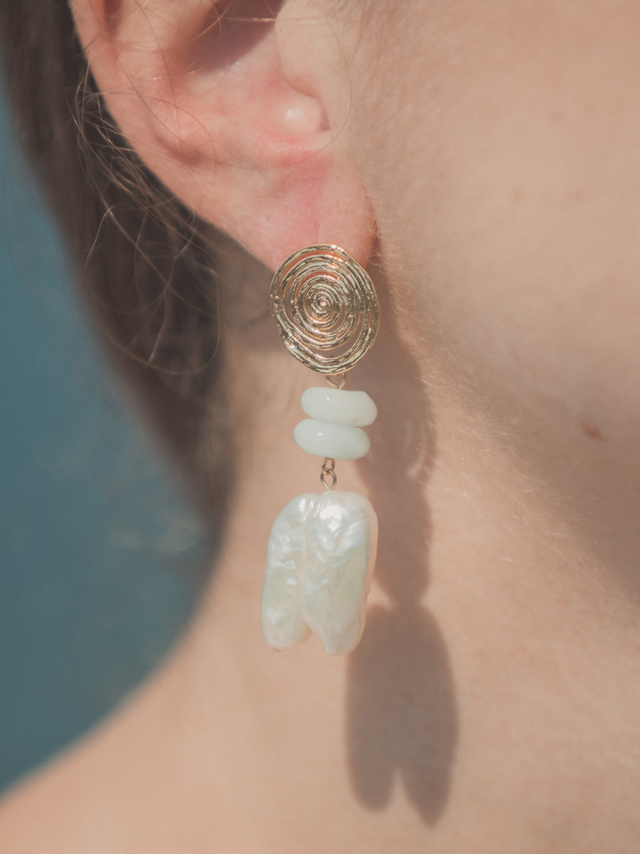 pale blue gemstone and freshwater pearl dangle earrings